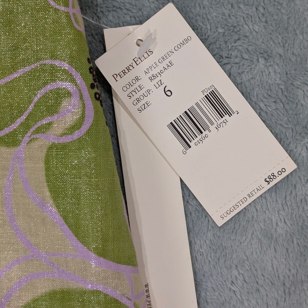 NWT Perry Ellis Apple Green Floral Linen Blend Metallic Pencil Skirt Pockets 6 - Picture 11 of 11